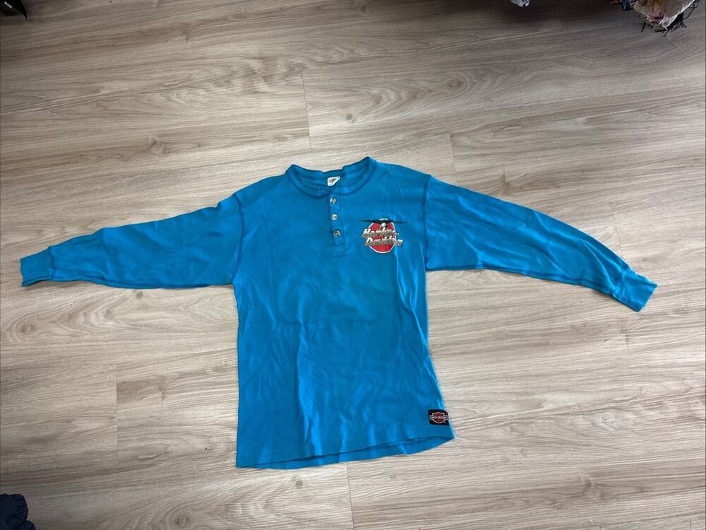 VTG 80s 90s Harley Davidson Henley Shirt Large Central Texas Eagle Flag USA Blue